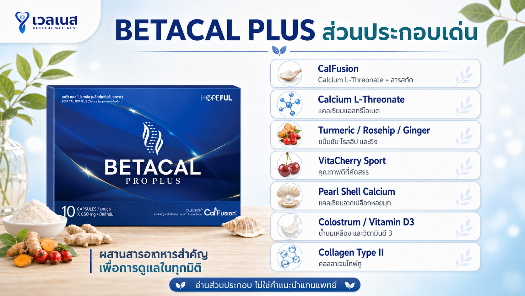 BETACAL PRO PLUS ส่วนประกอบเด่น - ภาพประกอบบทความ ของ เบต้า แคล โปร พลัส ภาพนี้จัดทำขึ้นเพื่อประกอบการอธิบายส่วนประกอบในบทความ ไม่ใช่ภาพแคปซูลจากสินค้าจริง และไม่ใช่คำแนะนำทางการแพทย์หรือการใช้แทนยา