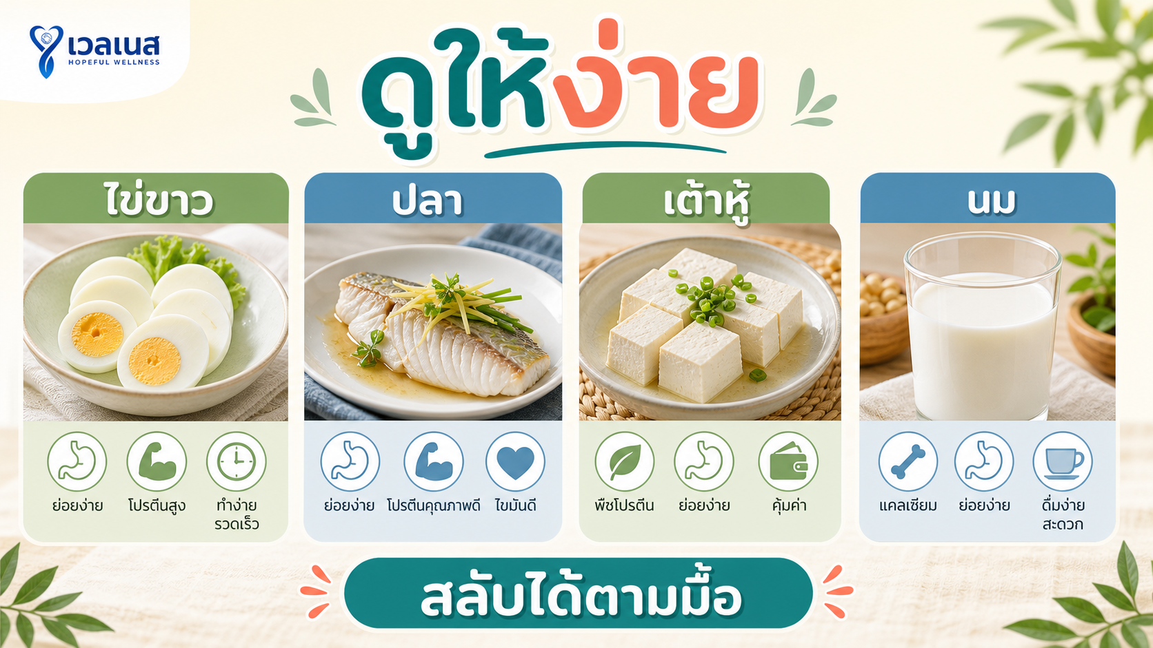 ดูให้ง่าย: ไข่ขาว ปลา เต้าหู้ นม