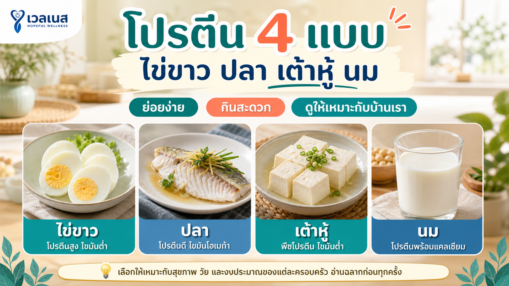 โปรตีน 4 แบบสำหรับผู้สูงอายุ: ไข่ขาว ปลา เต้าหู้ นม