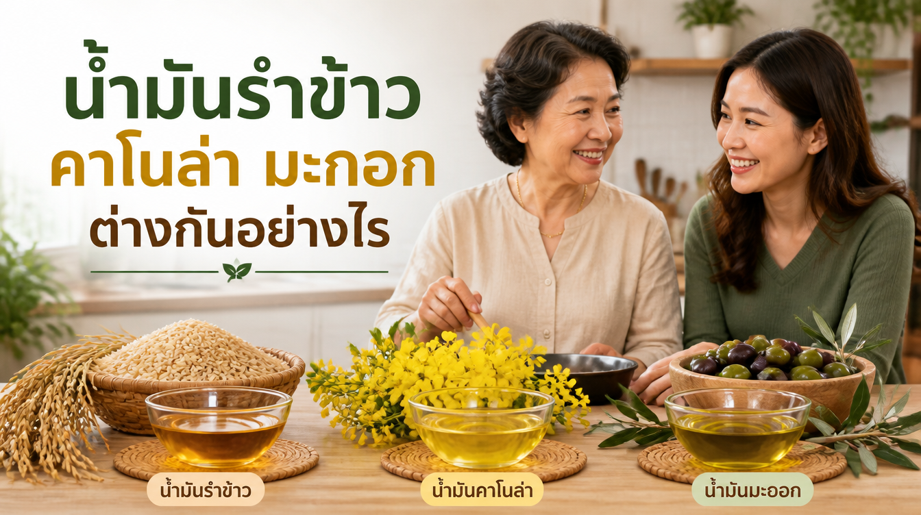 ภาพประกอบบทความเปรียบเทียบน้ำมันรำข้าว น้ำมันคาโนล่า และน้ำมันมะกอก สำหรับการเลือกใช้ในครอบครัว