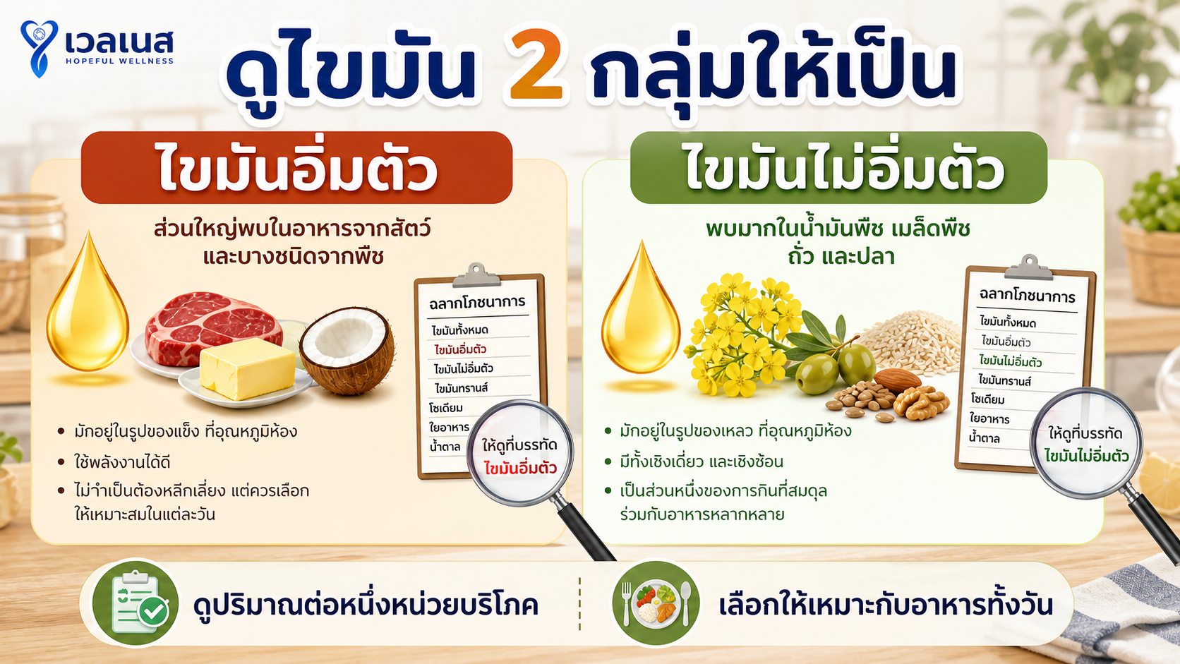 ภาพเปรียบเทียบไขมันอิ่มตัวและไขมันไม่อิ่มตัวพร้อมฉลากโภชนาการ